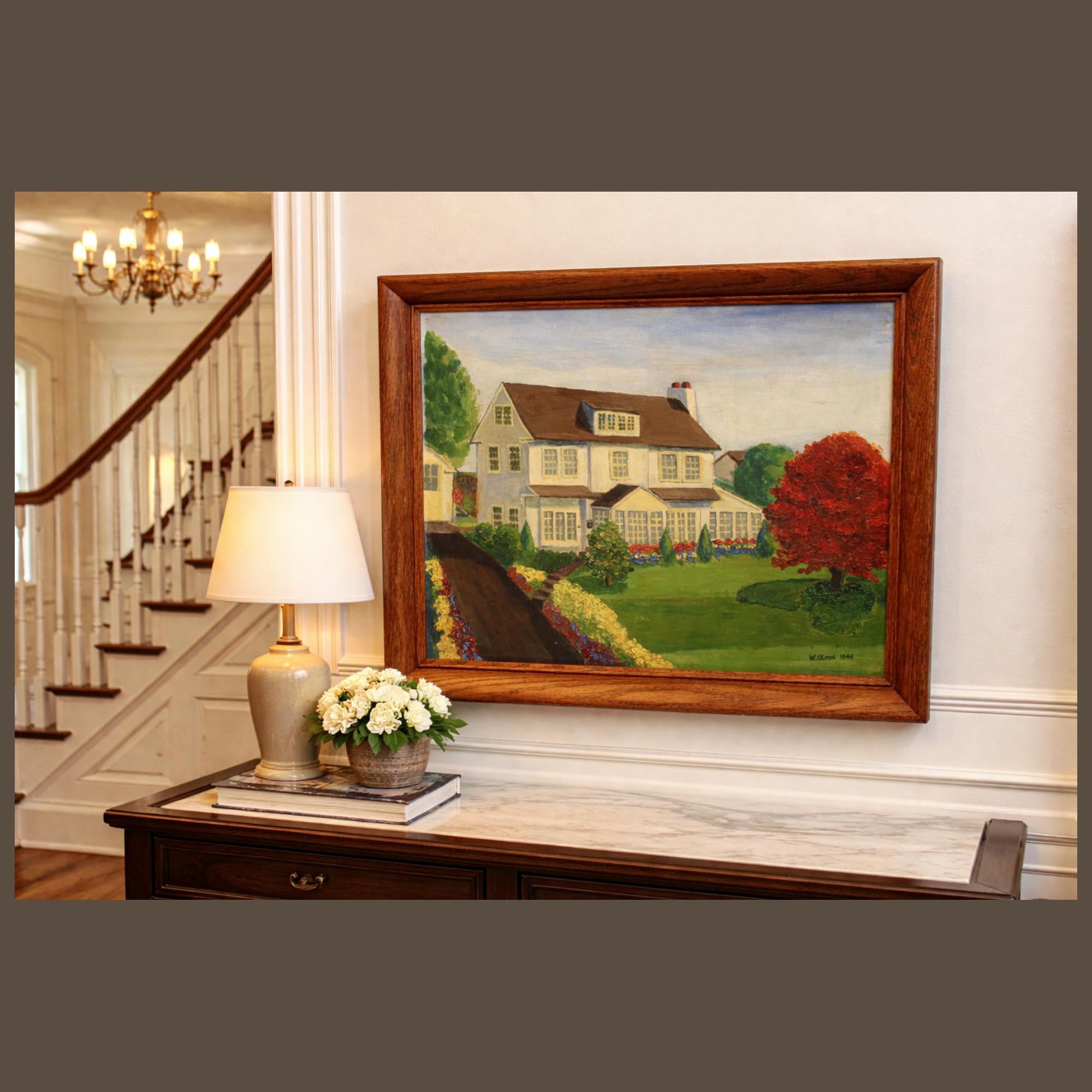 Vintage Oil Painting of House and Gardens Framed & Signed