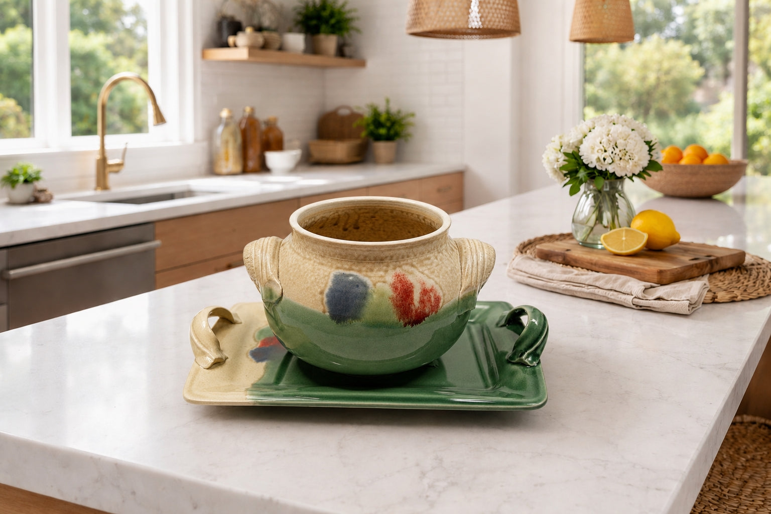 Studio Pottery Bowl and Tray Florida Ceramicist Gene Gandee sitting on kitchen counter with flowers lemons and oranges.