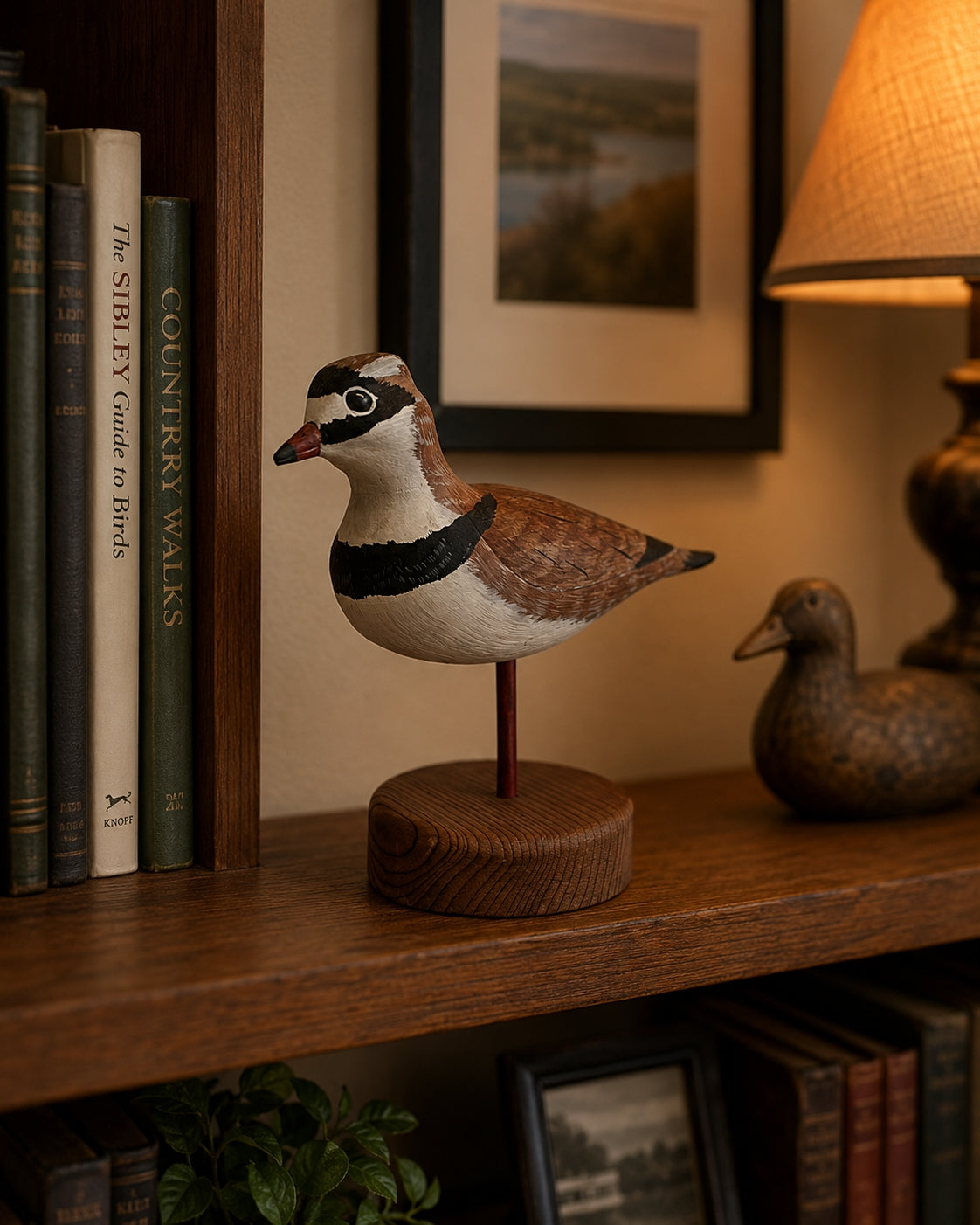 Decorative bird figure on a wooden shelf with books and a lamp in the background