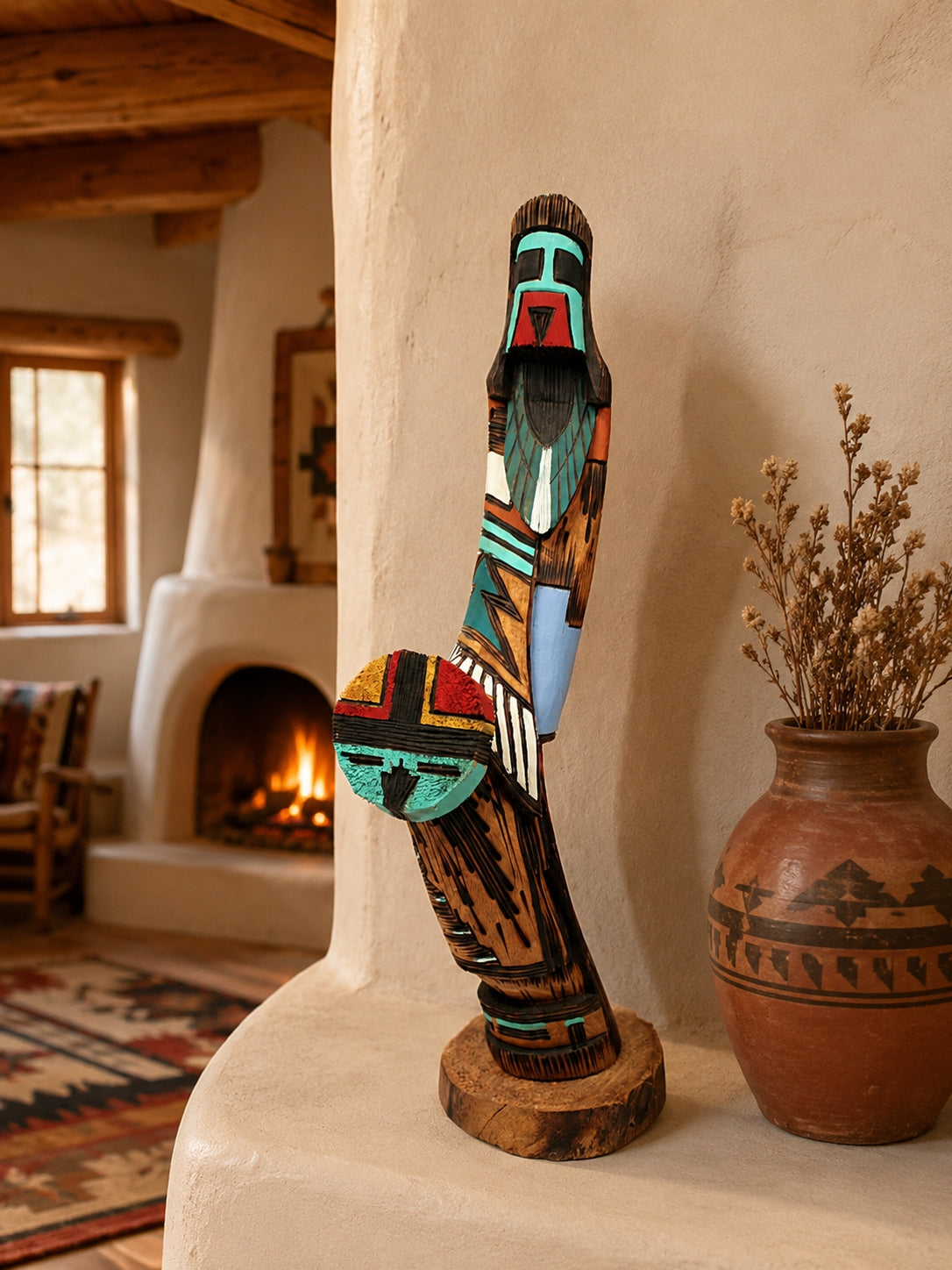 Colorful Native American-style wooden sculpture on a pedestal in a rustic interior setting.