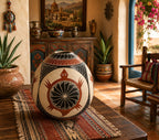 A decorative hand-painted ceramic pot with geometric patterns sits on a wooden table in a rustic, warmly lit room with plants and a wooden chair.