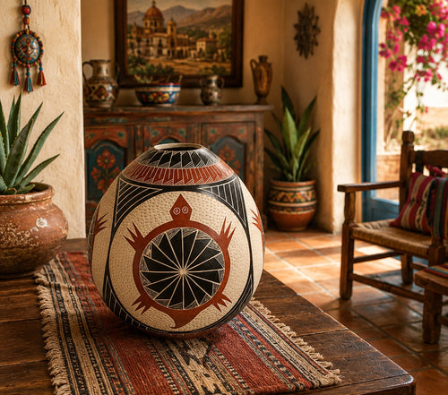 A decorative hand-painted ceramic pot with geometric patterns sits on a wooden table in a rustic, warmly lit room with plants and a wooden chair.