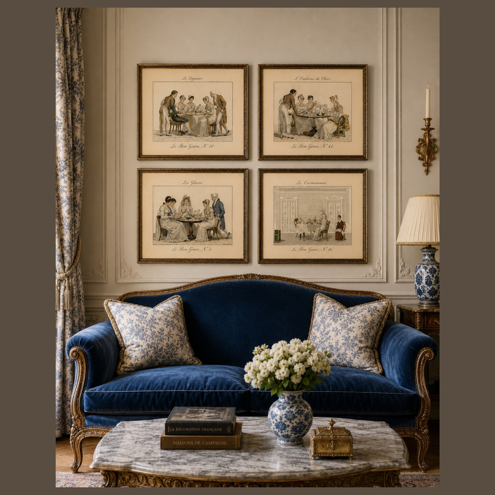 Blue velvet sofa in a room with framed artwork on the wall and decorative items on a table.