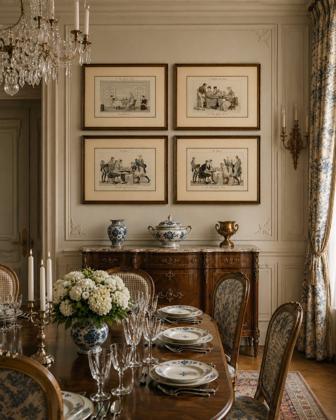 LE BON GENRE: Four 1800s French Etchings Hand Colored Framed Cuisine Themed