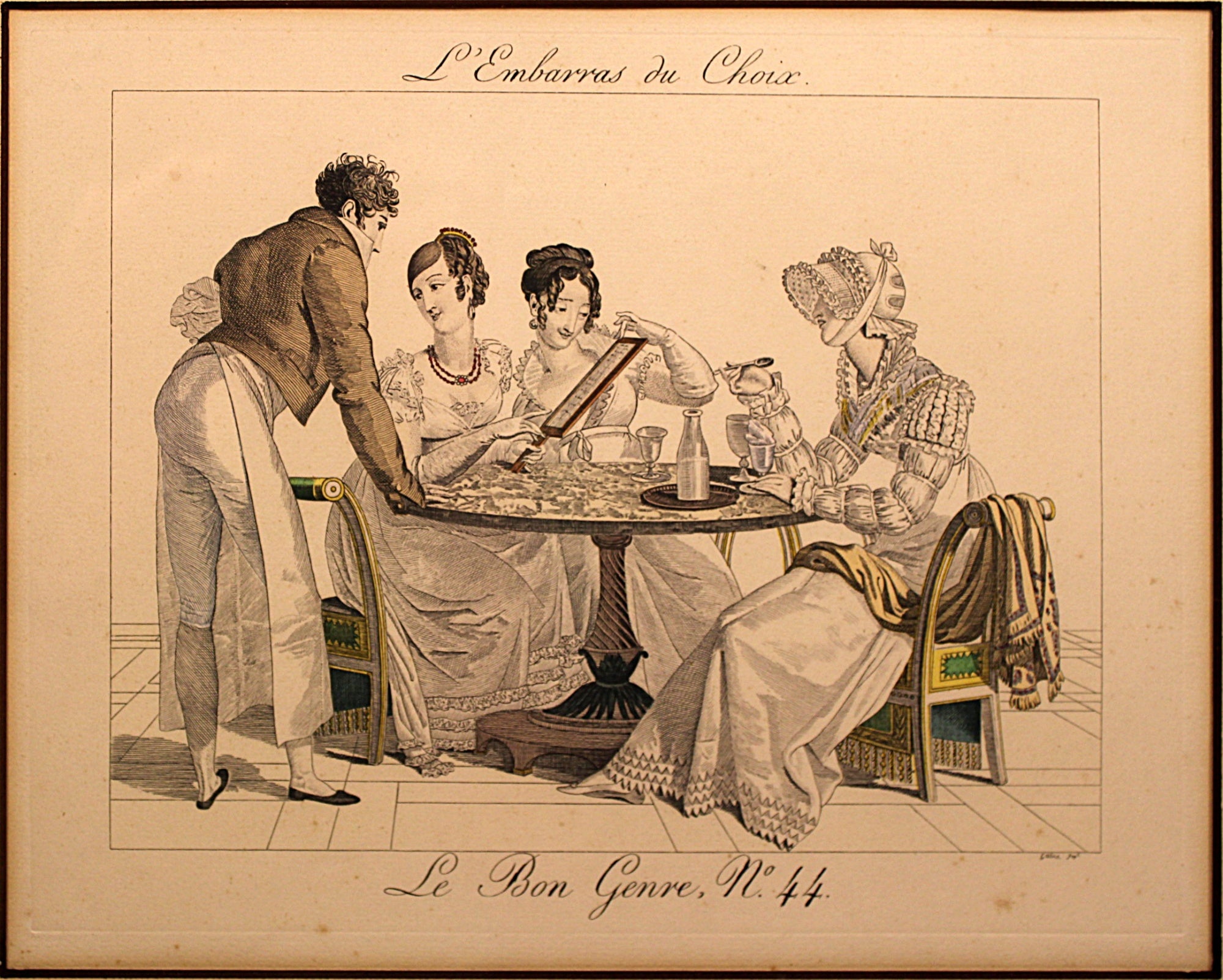 LE BON GENRE: Four 1800s French Etchings Hand Colored Framed Cuisine Themed