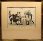 Framed artwork depicting a scene with people around a table, likely from a historical or classical context.