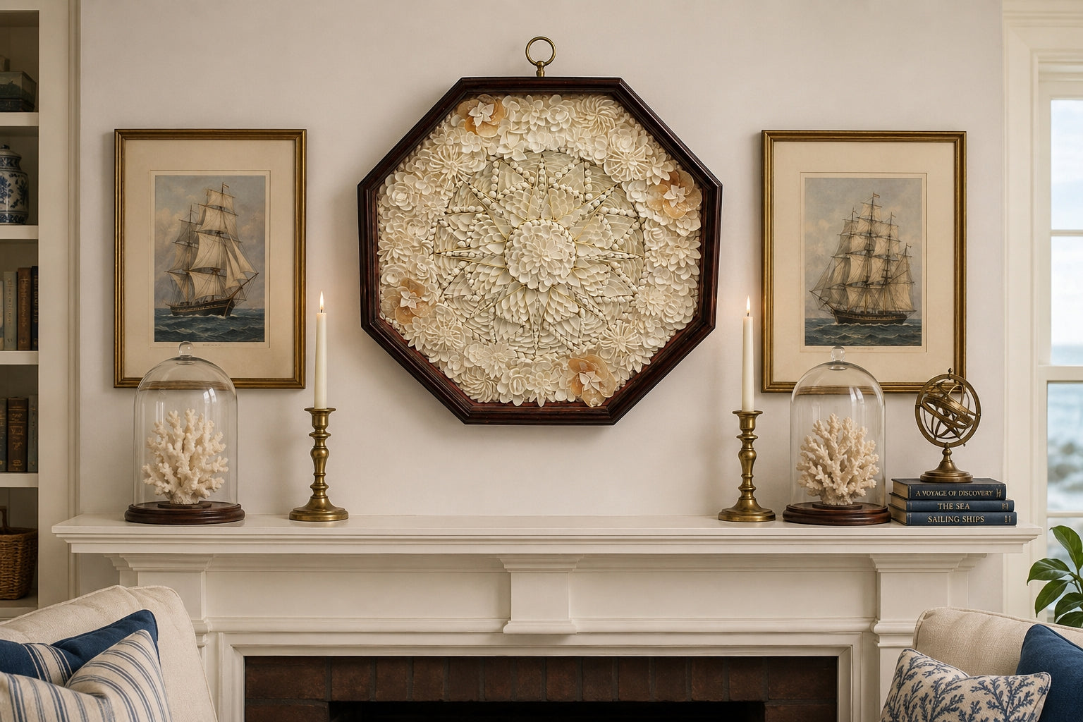 Sailor's Valentine Handmade with Seashells and Mahogany hug over fireplace with sailing ship art.