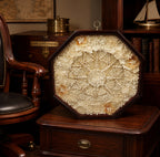 SAILOR'S VALENTINE Handmade with Seashells and Mahogany on table with chair and books and sailing ship behind.