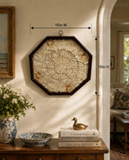 Decorative Sailors Valentine wall piece with measurements in a home setting