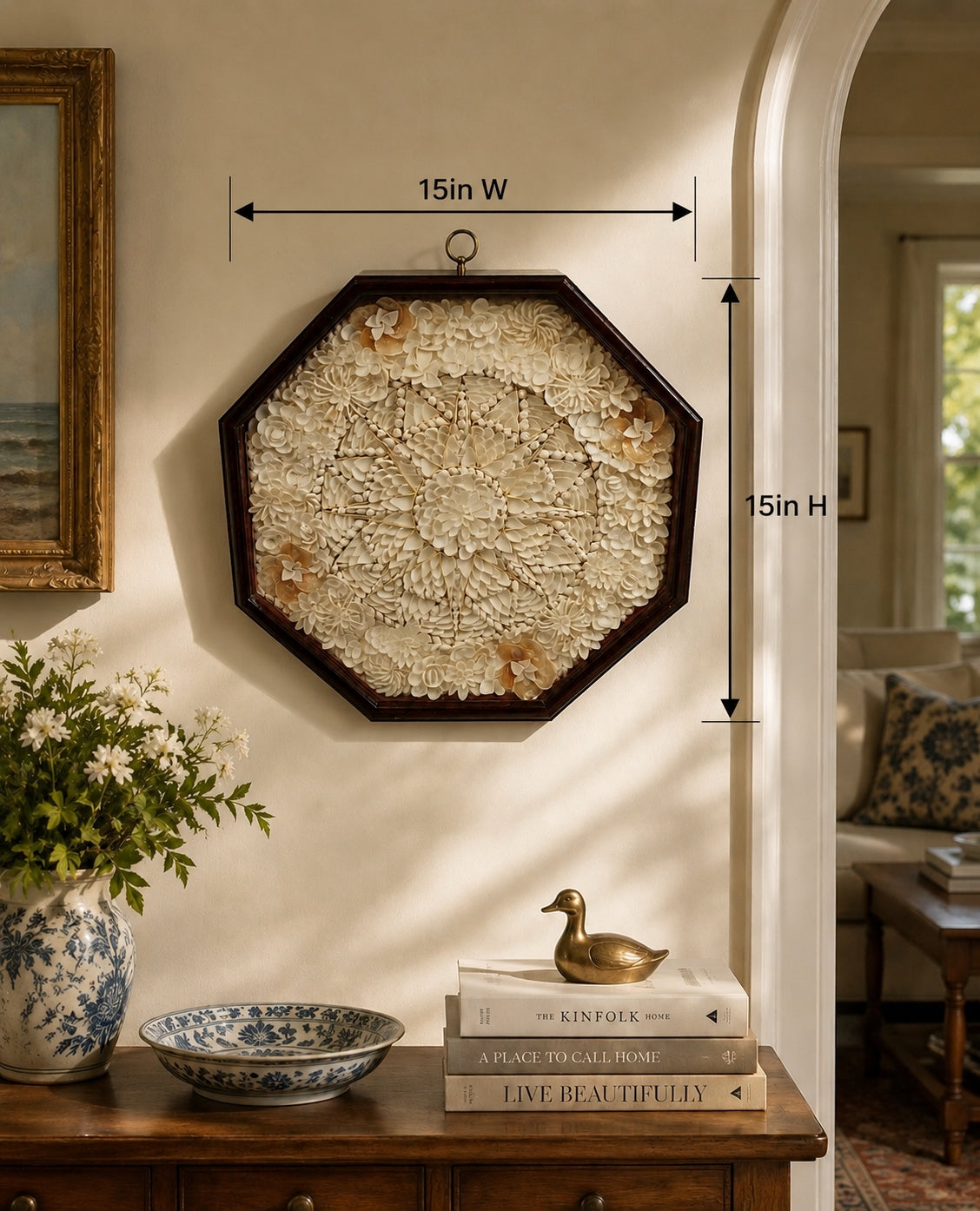 Decorative Sailors Valentine wall piece with measurements in a home setting