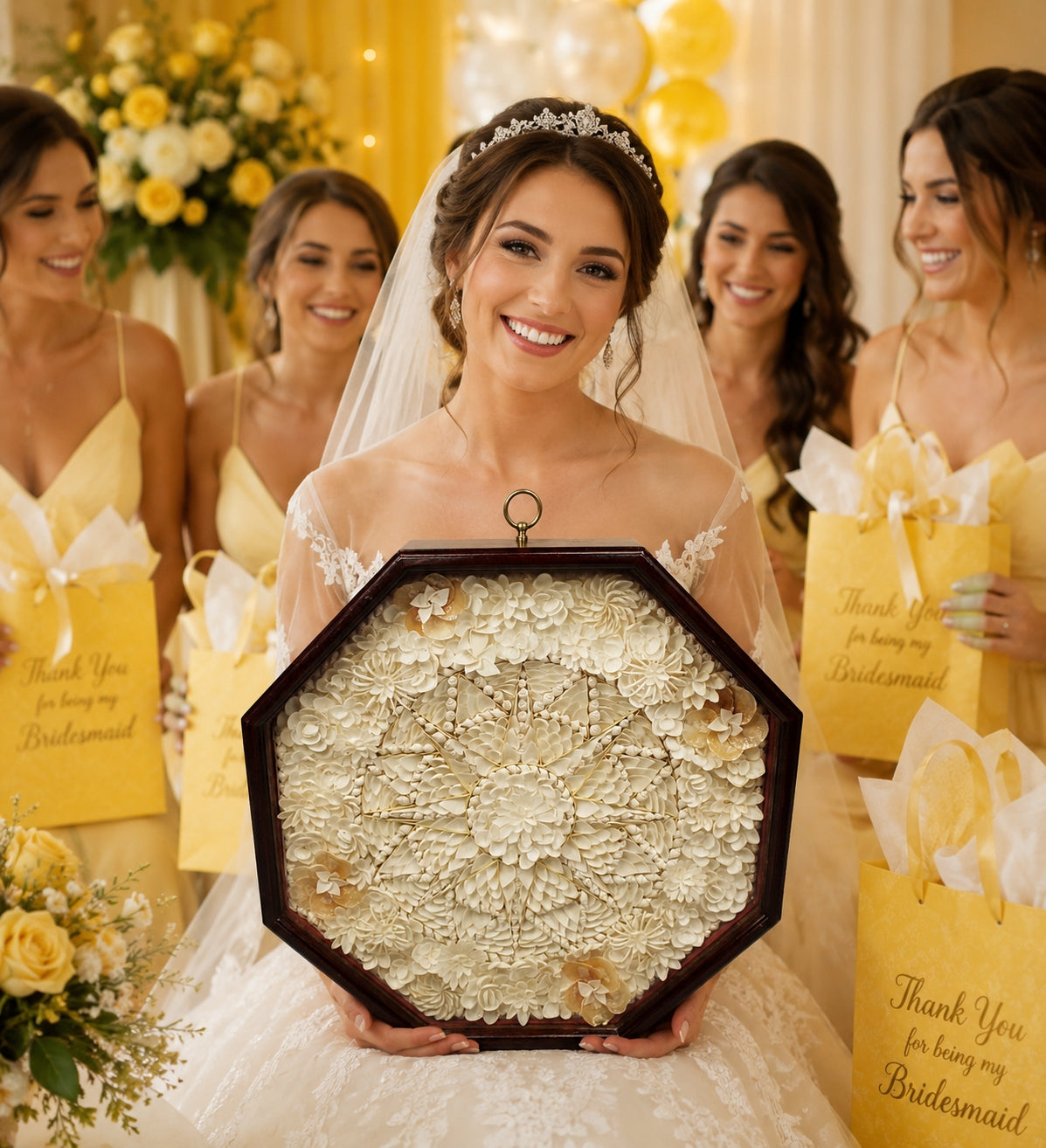 Bride holding a decorative Sailor's Valentine  piece with bridesmaids in yellow dresses in the background.