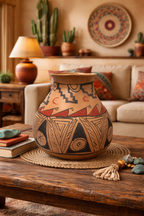 Large Pottery Jar Casas Grandes Mexico Decorative pot with geometric patterns on a wooden table in a living room setting.