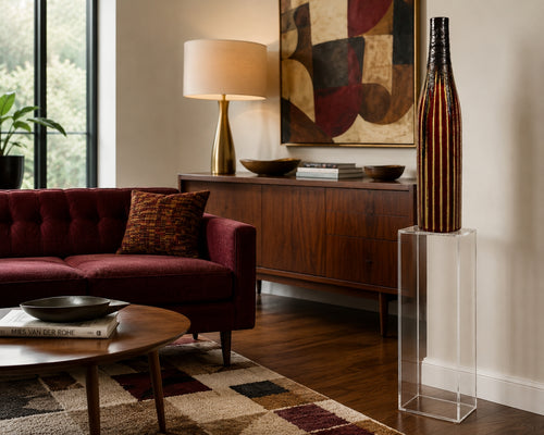 Tessuto Vase Living room with a red sofa, wooden coffee table, and decorative elements.