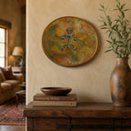 Decorative wall piece with a stylized figure on a textured wall above a wooden console table with books and a vase.