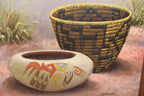 Navajo Oil Painting on Canvas Robert Yellowhair Original closeup of pottery bowl and Native American Basket.