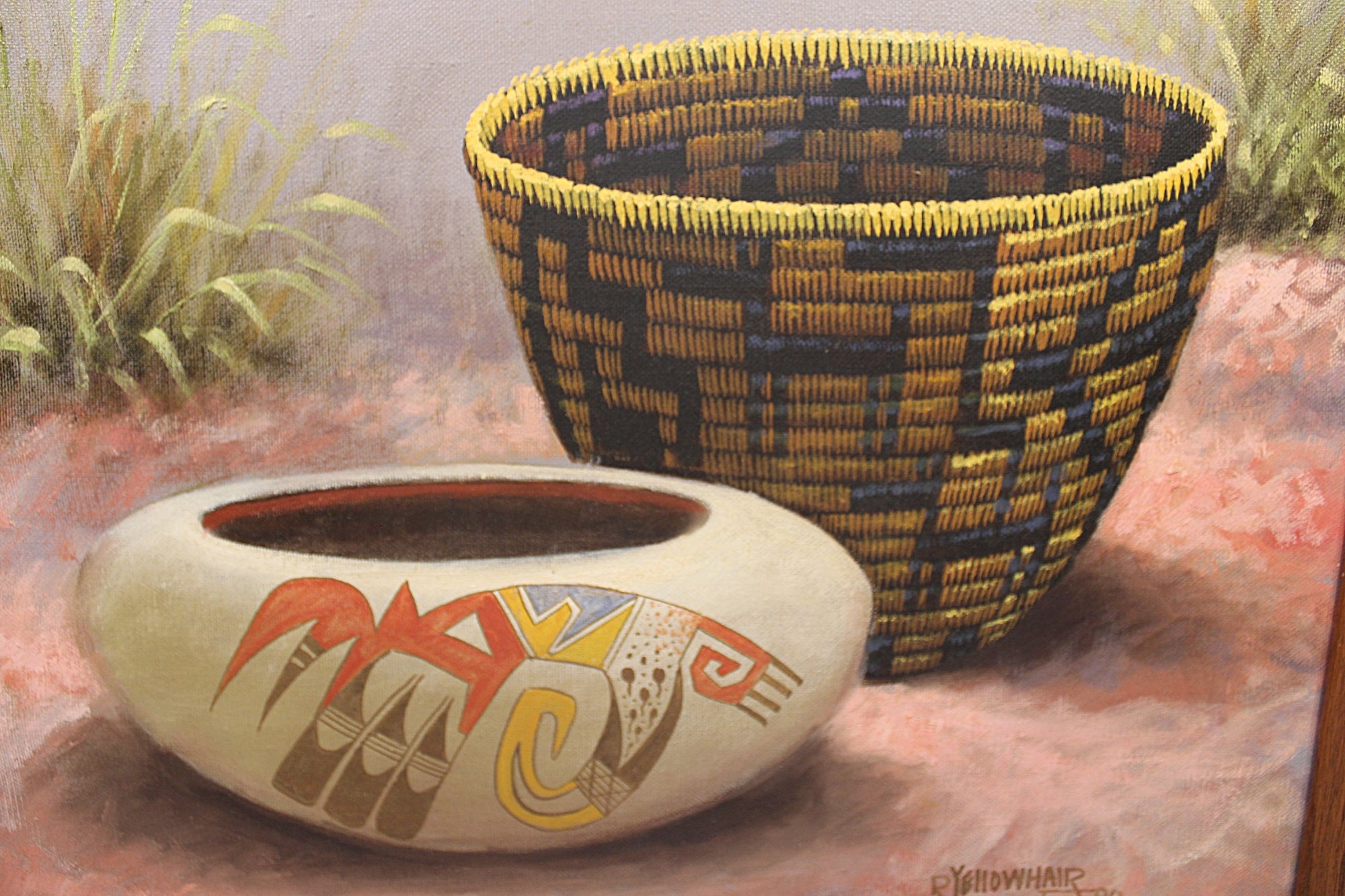 Navajo Oil Painting on Canvas Robert Yellowhair Original closeup of pottery bowl and Native American Basket.