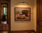 A framed wall art painting showing a rustic basket and a small decorative bowl, displayed in a hallway with dimension arrows and labels indicating 19.5 in width and 15. by Yellowhair
