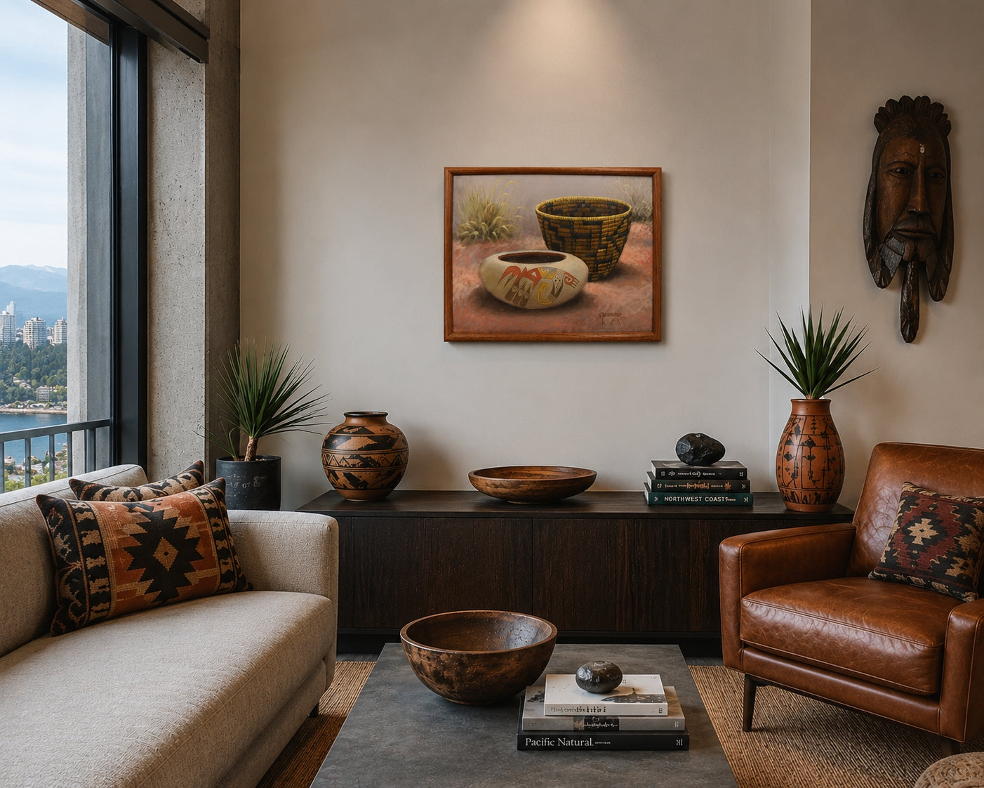 A framed Native American painting of ceramic bowls hangs on a beige wall in a styled living room with a leather armchair, patterned pillows, a wooden console, and a window view. by Yellowhair