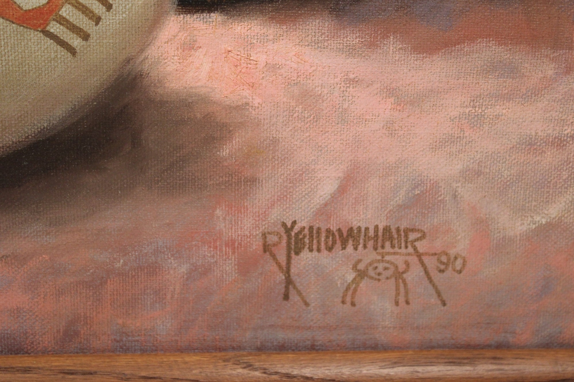 Close-up of a textured painting showing a dusty pink and brown painted surface with a small brown signature reading 'Yellowhair 90' and a simple figure drawing.