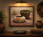 Navajo Oil Painting on Canvas Robert Yellowhair Original hung on wall with a bowl of beads below a pottery vase books and more