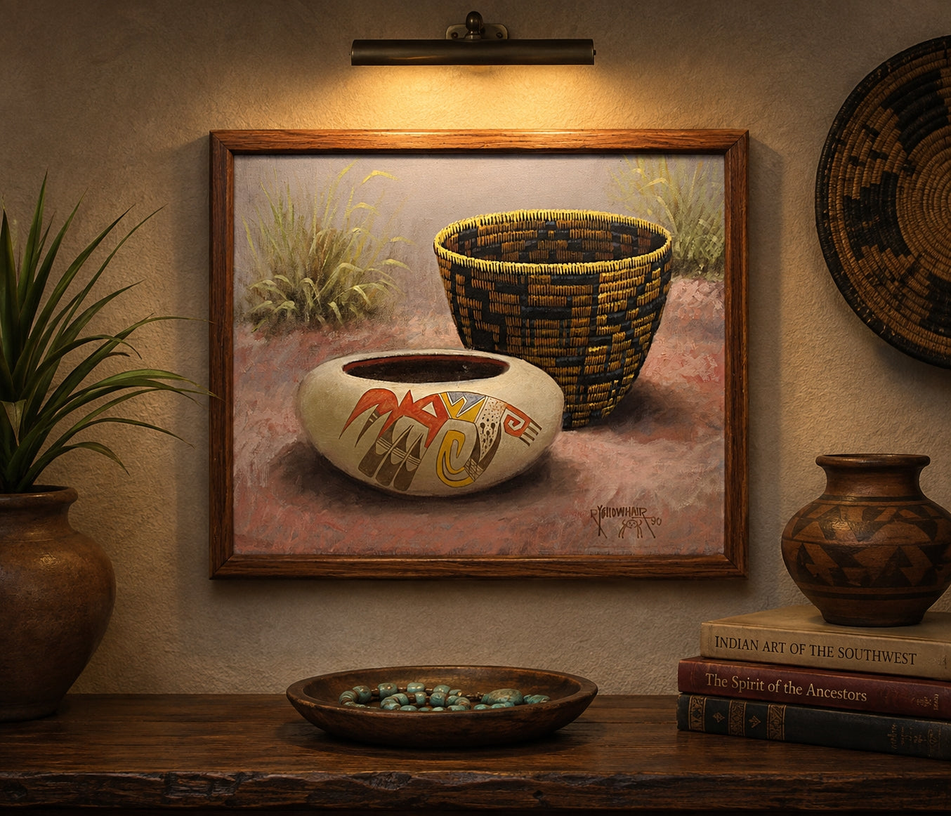 Navajo Oil Painting on Canvas Robert Yellowhair Original hung on wall with a bowl of beads below a pottery vase books and more