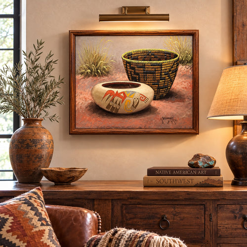 Navajo Oil Painting on Canvas Robert Yellowhair Original over dresser with vase books lamp and picture light