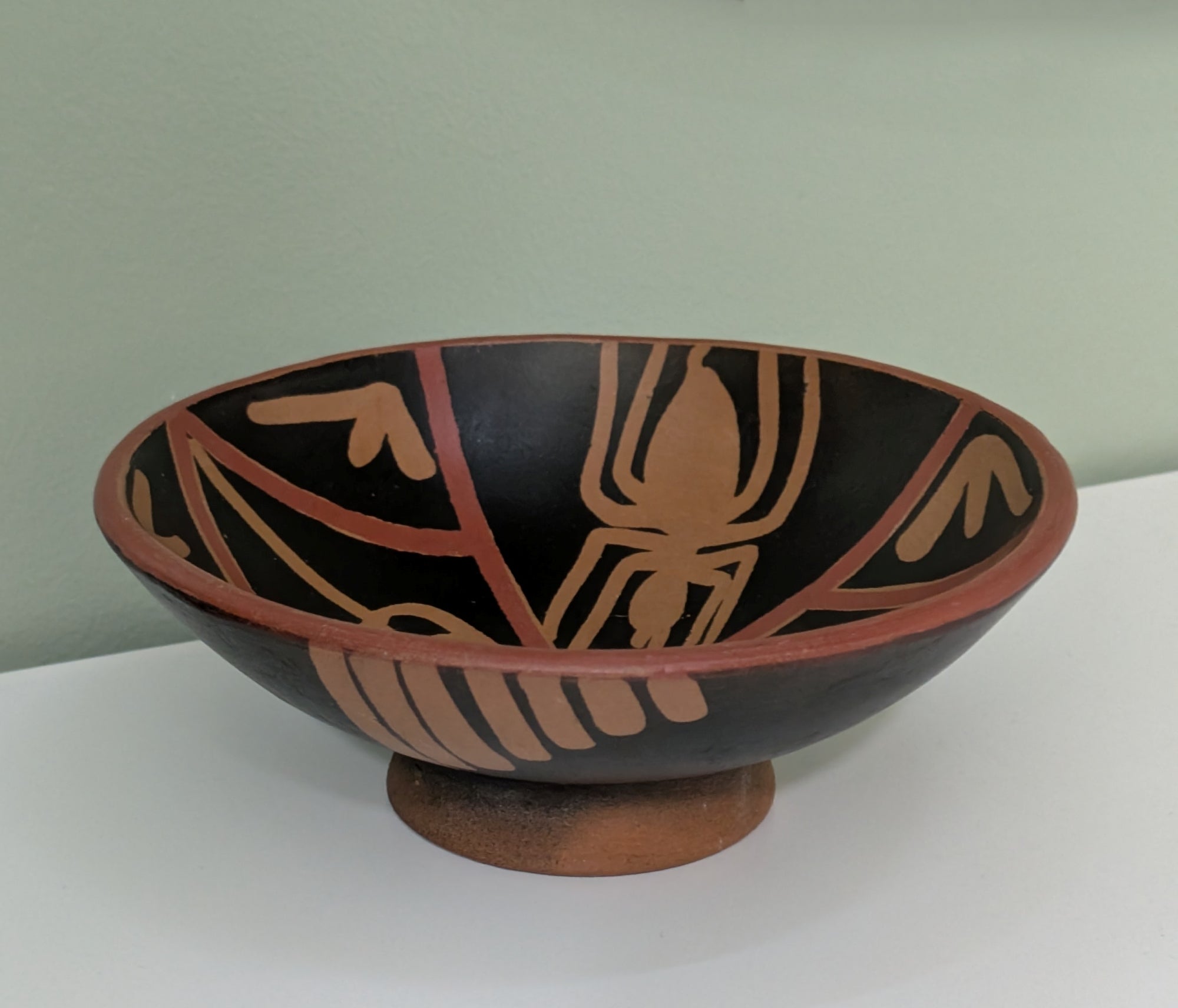 Peruvian Art Pottery Terra Cotta Bowl with Nazca Spider Design full view
