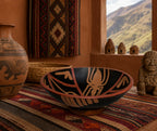 A hand-painted ceramic bowl with a black interior and terracotta-colored geometric designs sits on a patterned rug in a rustic room, with a large vase, woven textiles, and a mountain landscape visible in the background.Peruvian Art Pottery Terra Cotta Bowl with Nazca Spider Design