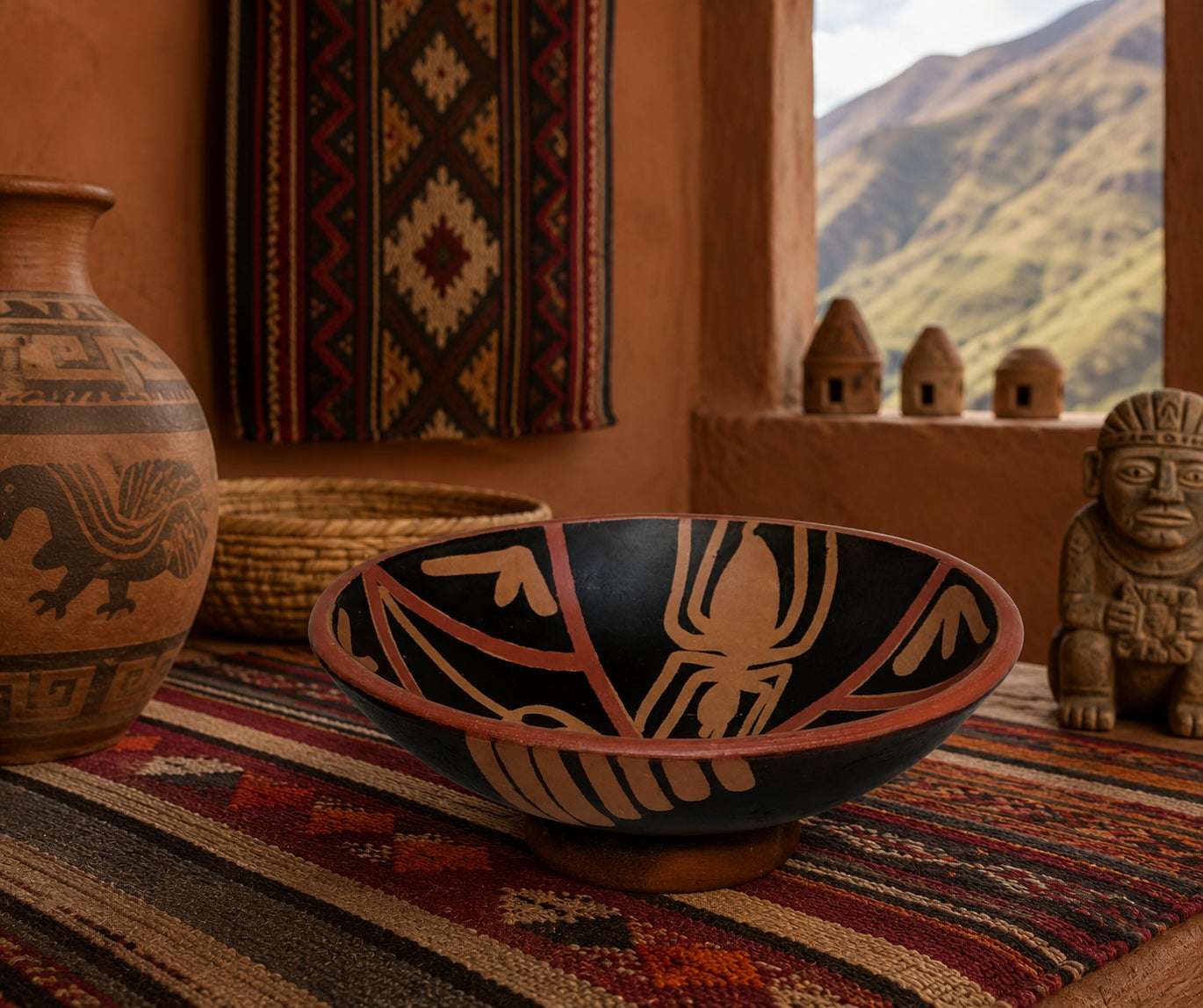A hand-painted ceramic bowl with a black interior and terracotta-colored geometric designs sits on a patterned rug in a rustic room, with a large vase, woven textiles, and a mountain landscape visible in the background.Peruvian Art Pottery Terra Cotta Bowl with Nazca Spider Design