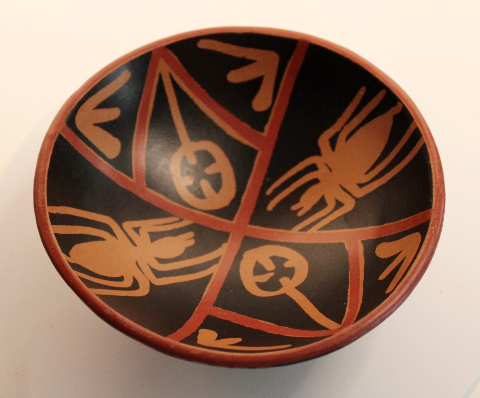 Peruvian Art Pottery Terra Cotta Bowl with Nazca Spider Design inside view