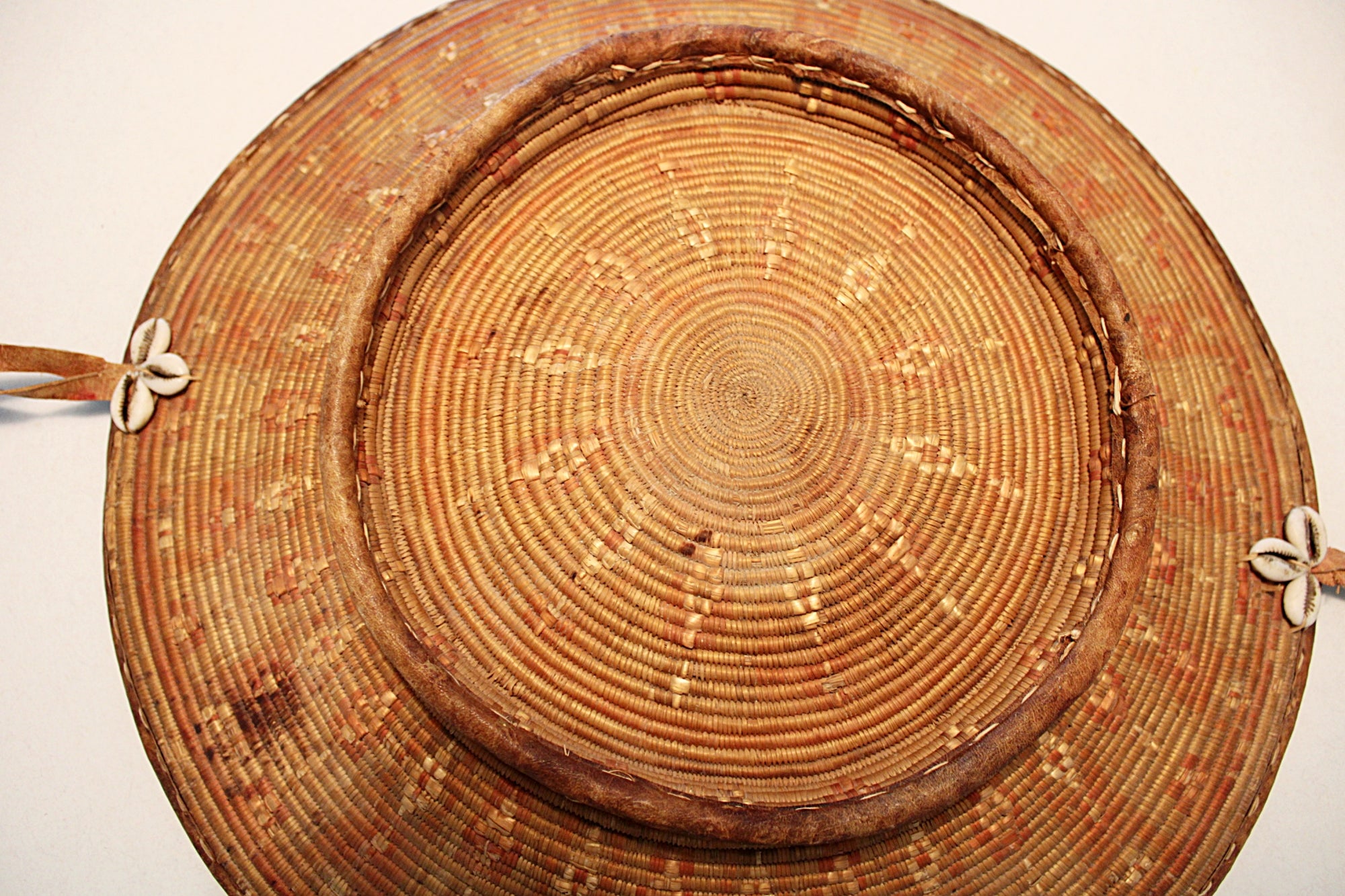Nigerian Hausa Tribe Basket 18inch  Cowrie Shells and Leather bottom closeup