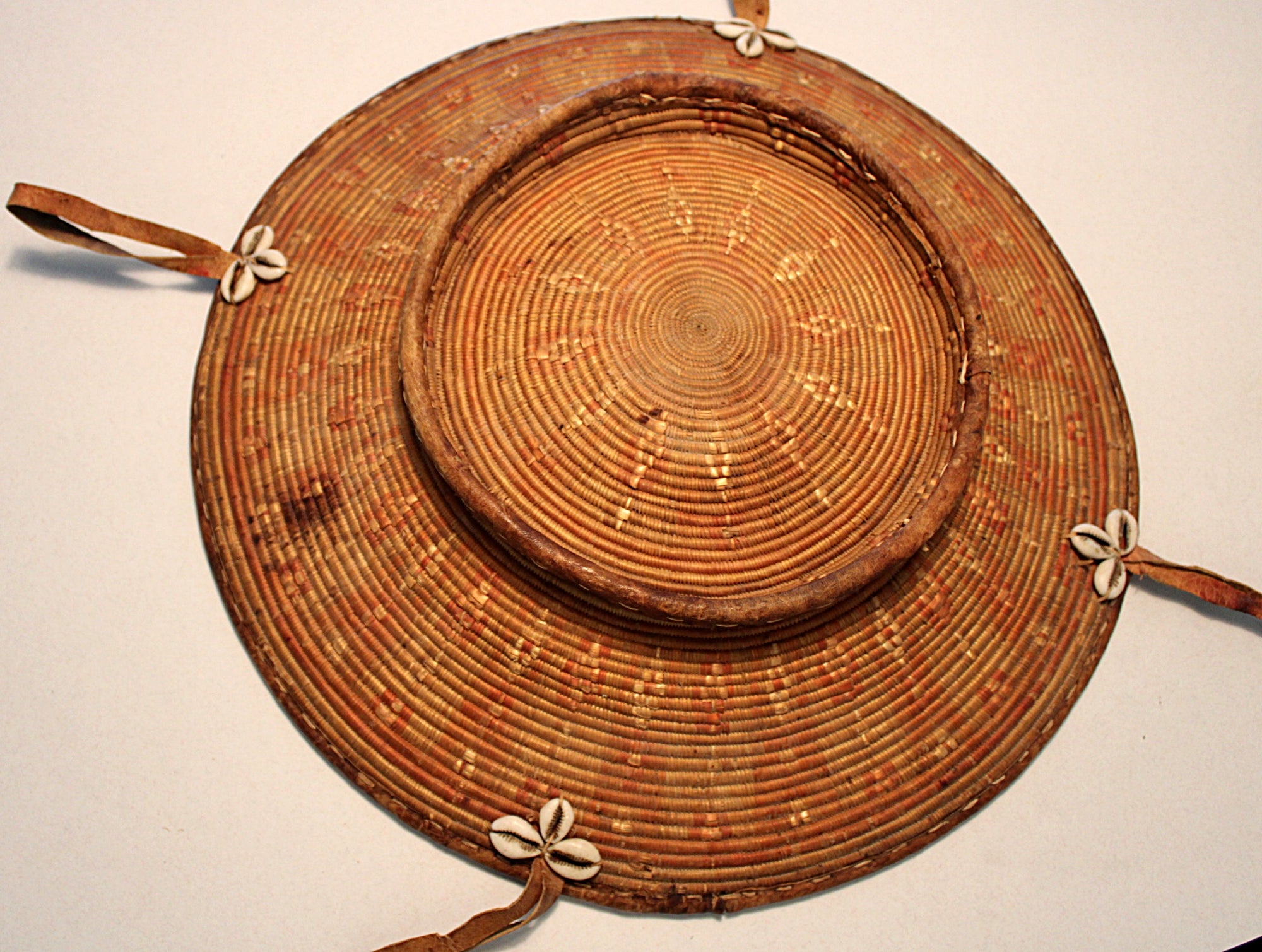 Nigerian Hausa Tribe Basket 18inch  Cowrie Shells and Leather upside down