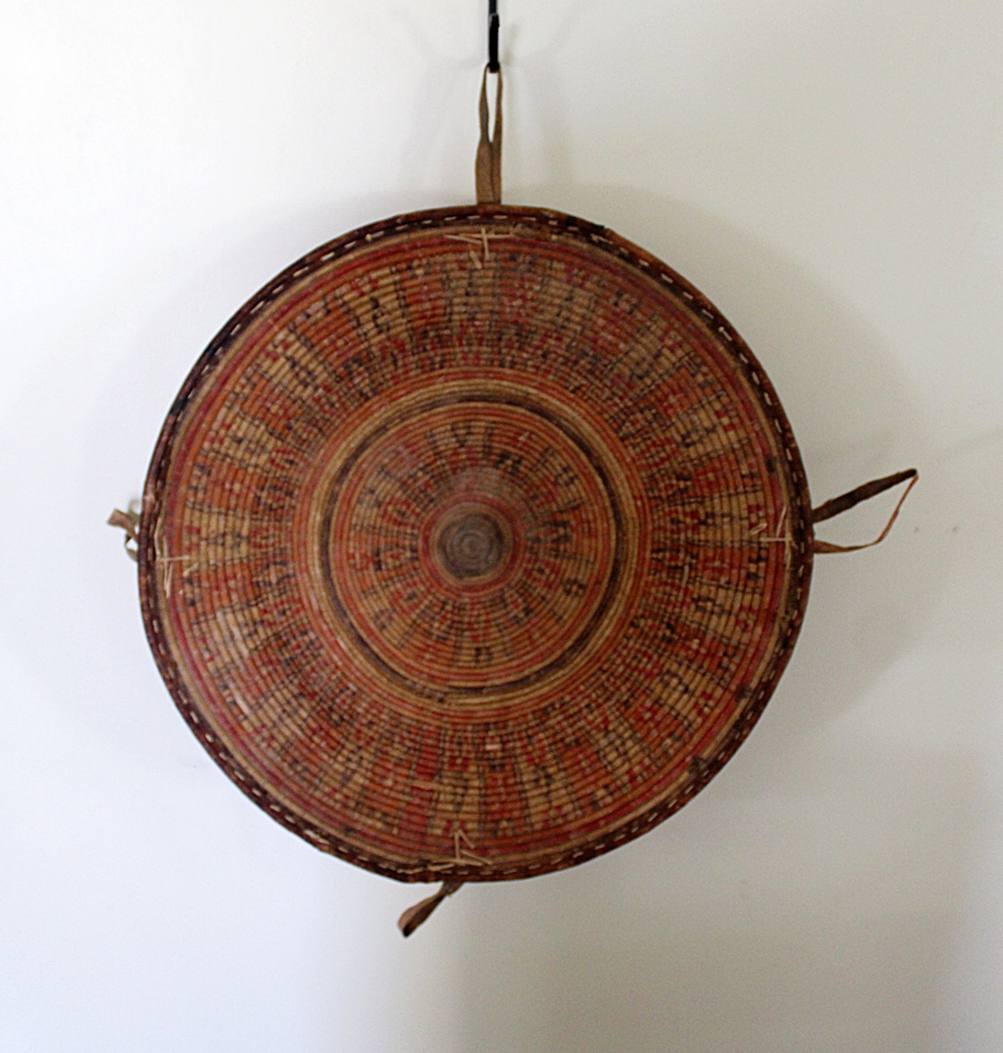 Nigerian Hausa Tribe Basket 18inch  Cowrie Shells and Leather hanging on wall