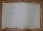 The back view of a framed canvas print, showing the wooden frame, mounting pins, and textured off-white canvas material.