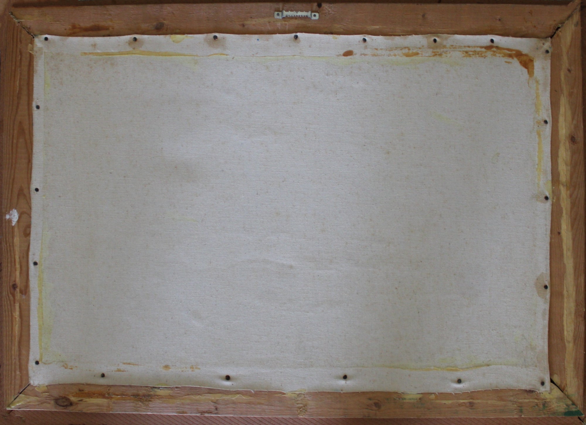 The back view of a framed canvas print, showing the wooden frame, mounting pins, and textured off-white canvas material.