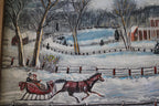 A winter landscape painting showing a horse-drawn sleigh with a person in the snow, bare trees, fences, and red buildings in the background.