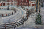 A painted winter landscape showing a snowy curved path leading toward red brick buildings, with fences, trees, and small figures in the distance. The artwork appears to be signed and dated in the lower right corner.