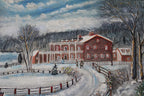 A winter landscape painting depicting a large red brick mansion with snow-covered grounds, bare trees, a snowy path, and a cloudy blue sky.