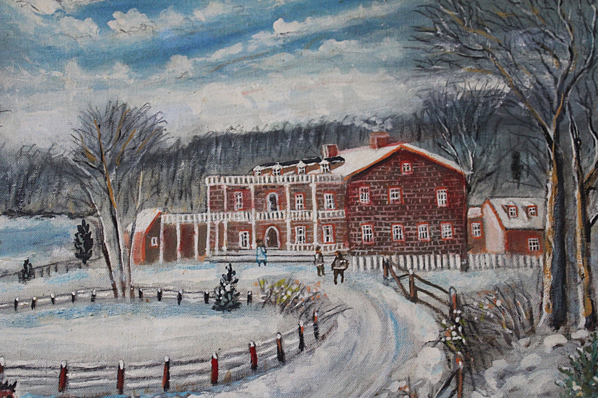 A winter landscape painting depicting a large red brick mansion with snow-covered grounds, bare trees, a snowy path, and a cloudy blue sky.