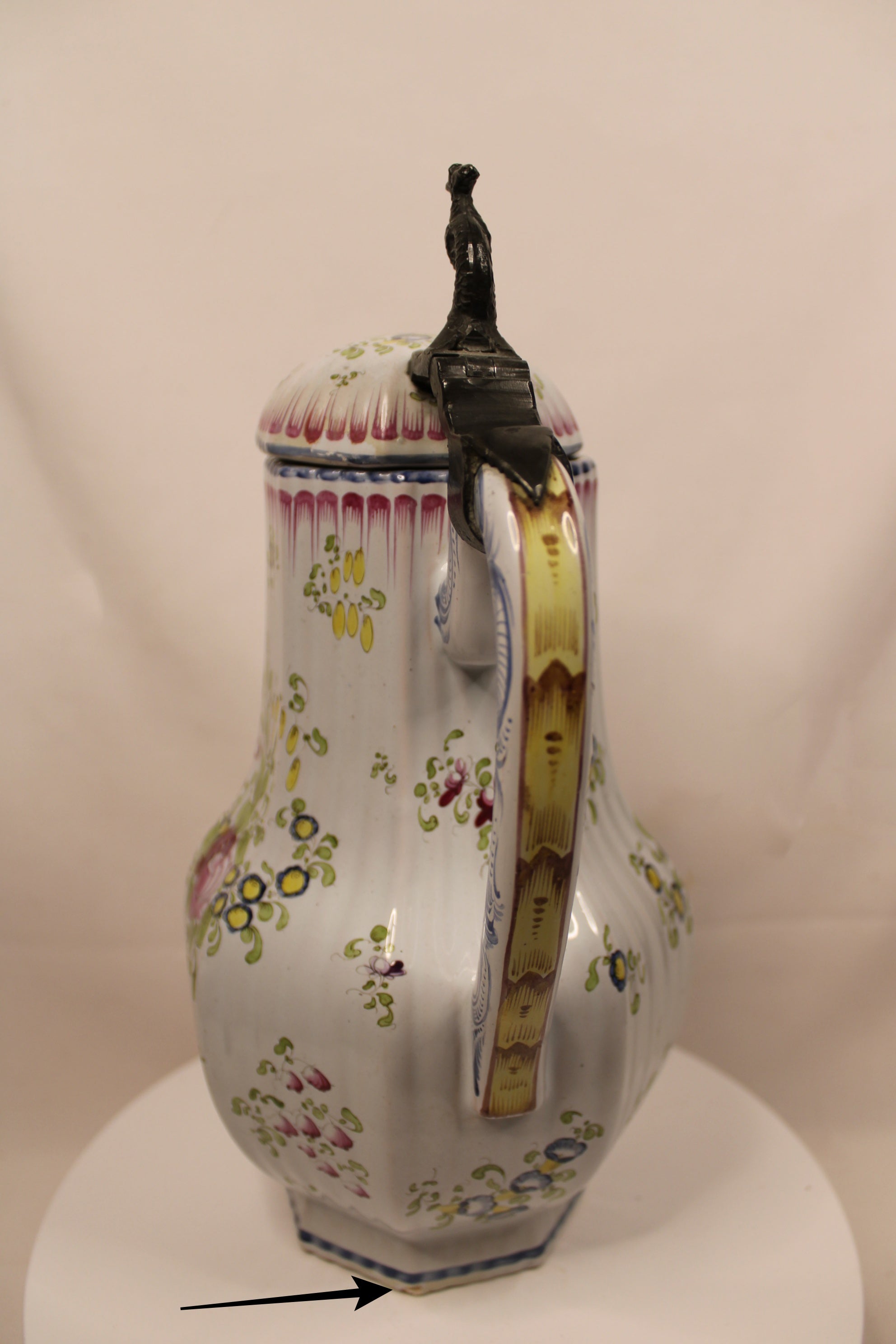 Antique French Faience Lidded Pitcher with Pewter Thumb Lifter