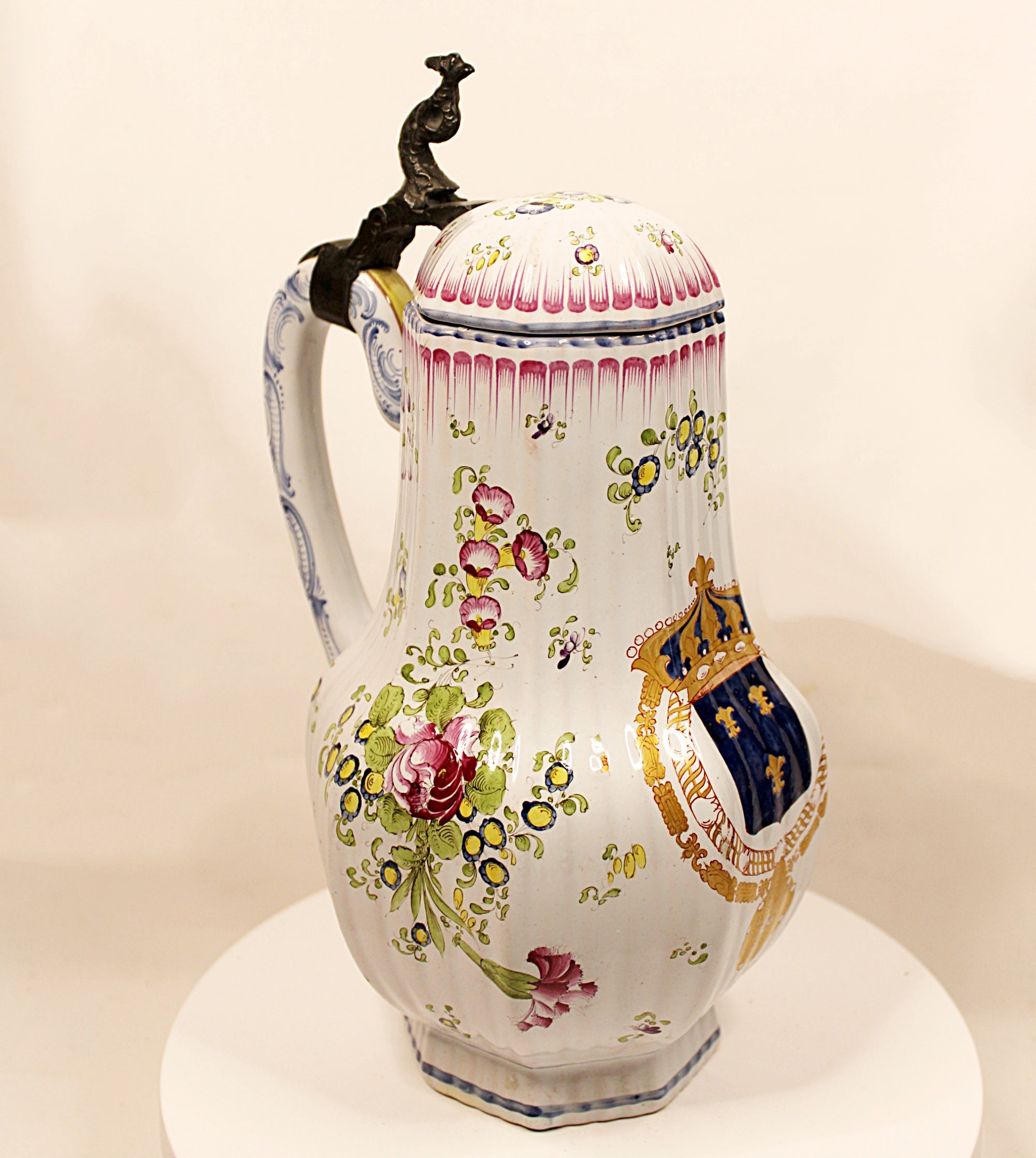 Antique French Faience Lidded Pitcher with Pewter Thumb Lifter
