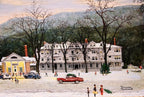 Winter scene with a large building, cars, and people in a snowy landscape. Norman Rockwell art of Red Lion In in Stockbridge, MA