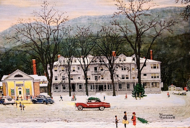 Winter scene with a large building, cars, and people in a snowy landscape. Norman Rockwell art of Red Lion In in Stockbridge, MA