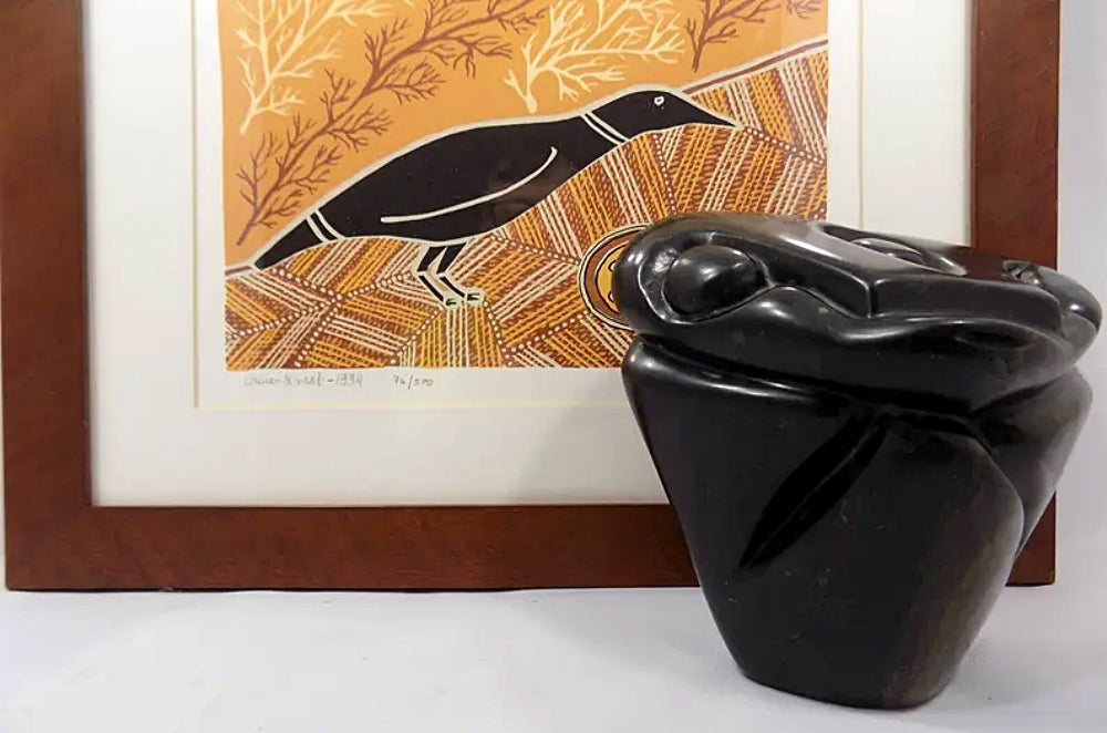 African Shona Owl Sculpture Art Black Serpentine Stone