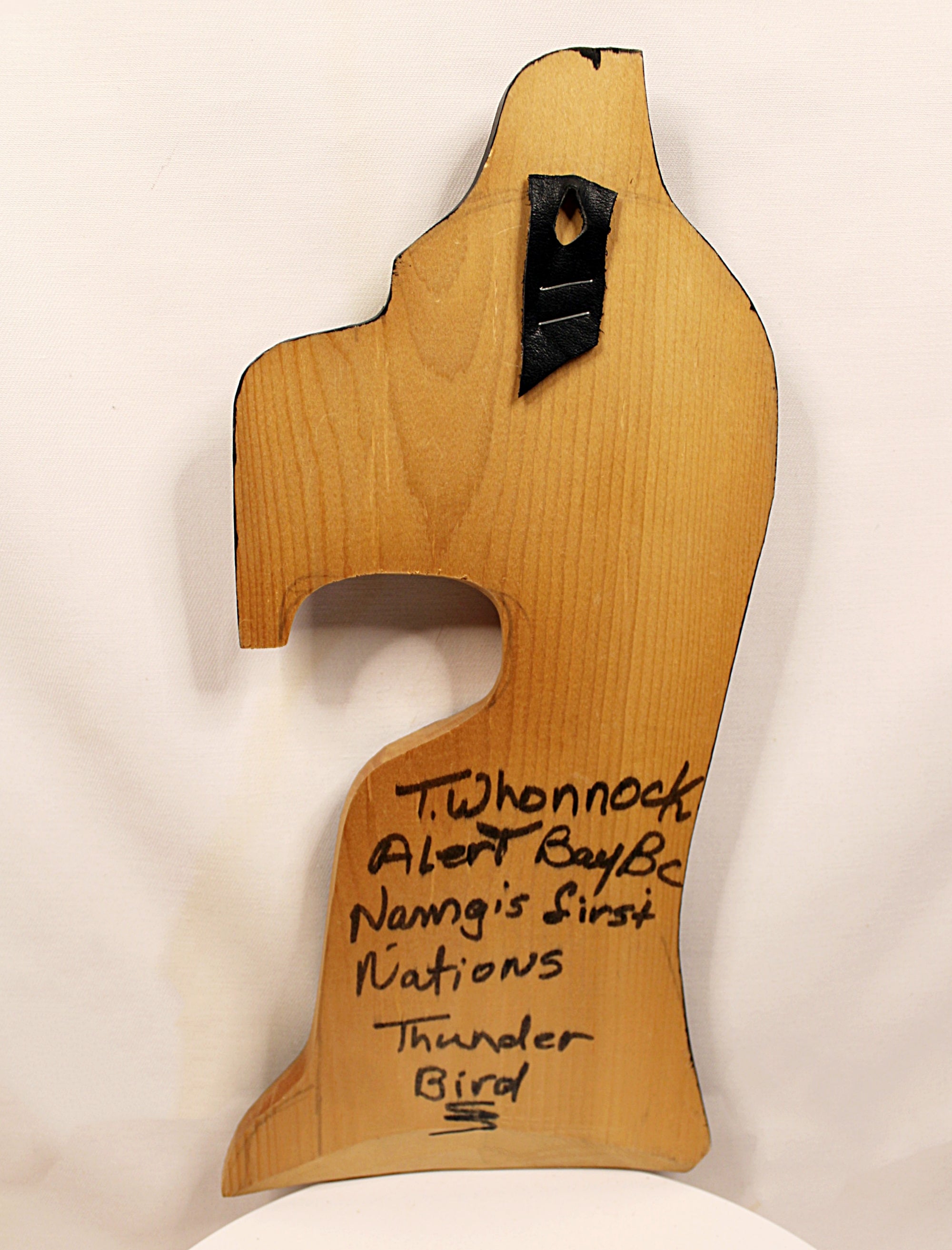 First Nations Thunderbird Wall Plaque Alert Bay BC by Tom Whonnock Back view of Carved Thunderbird signed