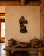 First Nations Thunderbird Wall Plaque Alert Bay BC by Tom Whonnock Thundebird on wall aove baskets
