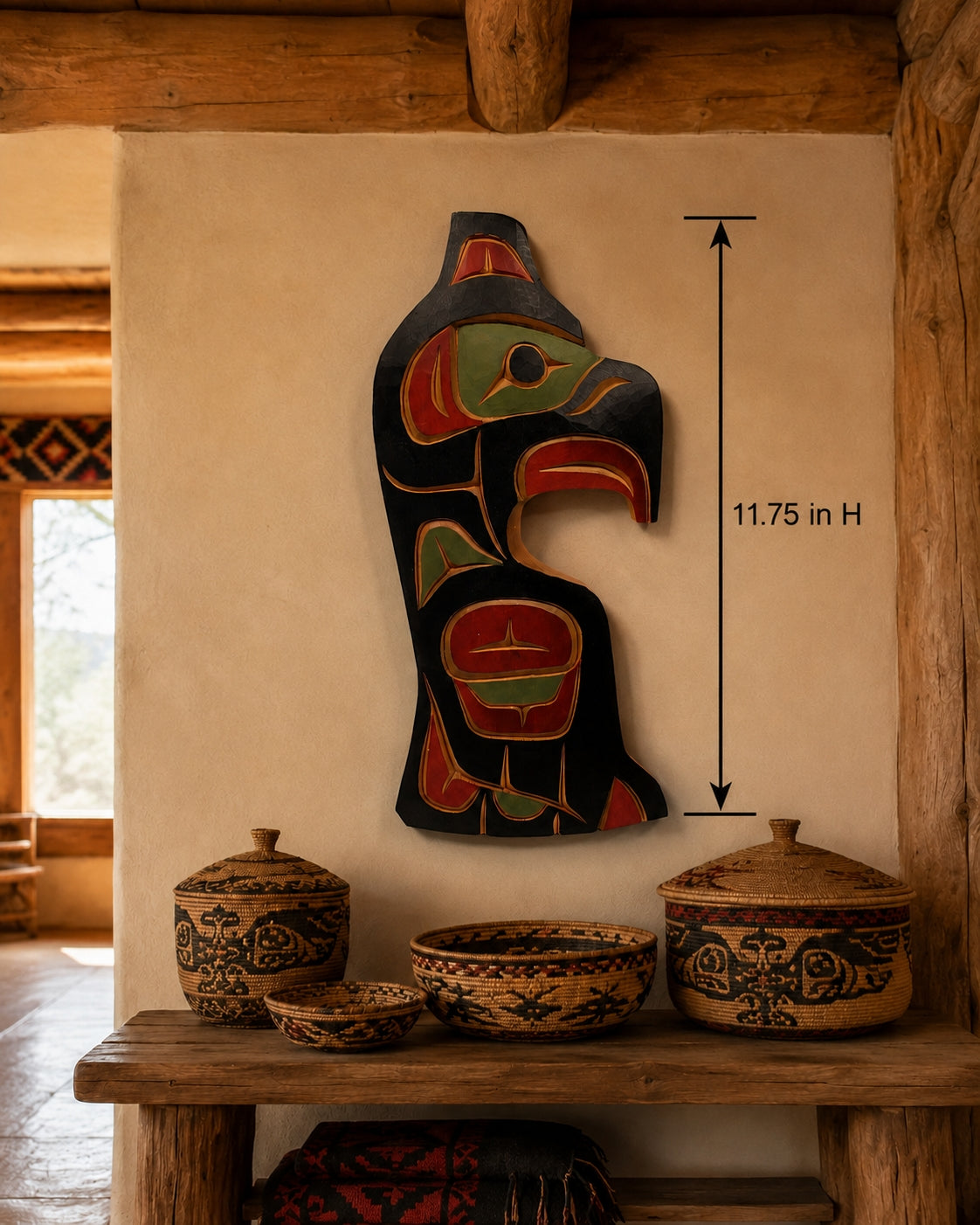 First Nations Thunderbird Wall Plaque Alert Bay BC by Tom Whonnock with size arrow