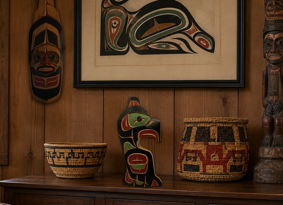 First Nations Thunderbird Wall Plaque Alert Bay BC by Tom Whonnock on dresser with other NW Art