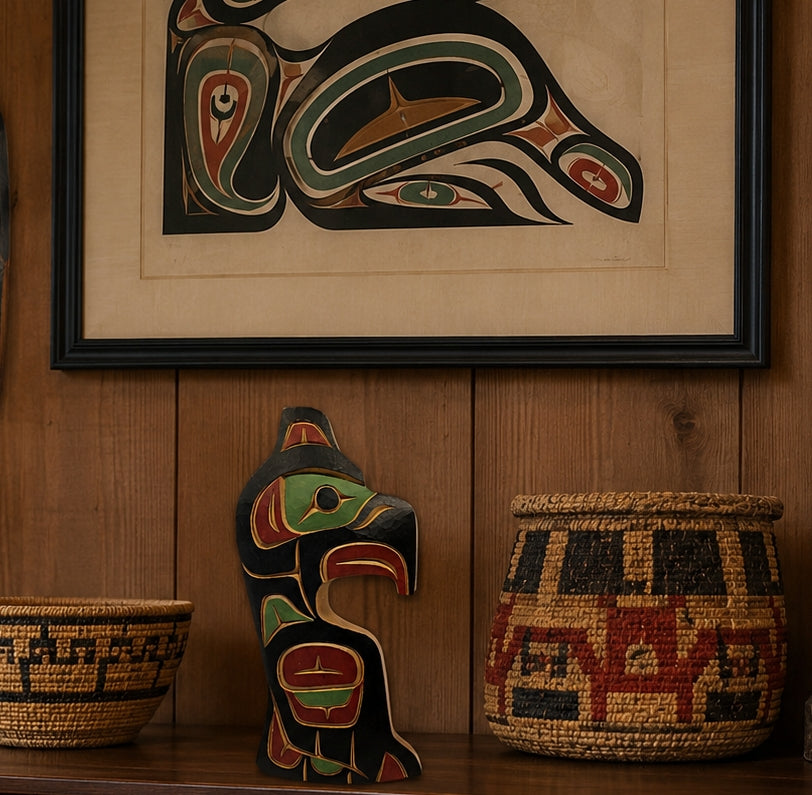 A framed Indigenous-style art print hangs on a wood-paneled wall above a shelf displaying woven baskets and a carved Thunderbird figurine. The artwork features bold black, beige, green, red, and brown geometric and animal motifs.