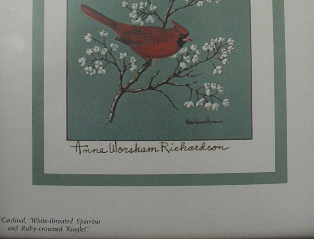  Lithograph Anne Worsham Richardson Three Birds on a Branch Closeup Signed area